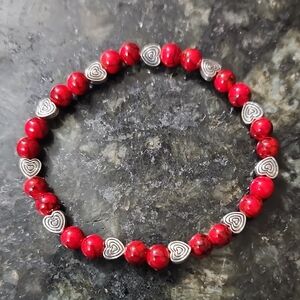 Handmade Red Quartz And Antique Silver Hearts Beaded Bracelet